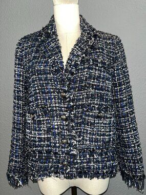 Zara Woman Navy Cobalt Blue & Silver Metallic Tweed Frayed Fringe Blazer Jacket
